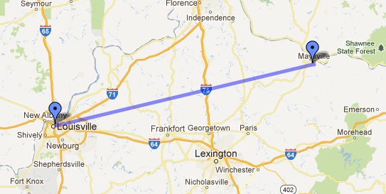Map showing the distance from the big four bridge to Maysville, KY