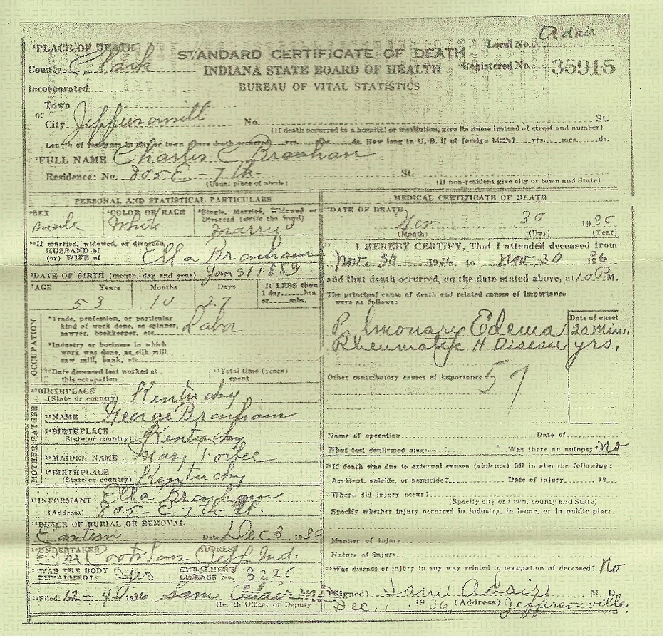 Charles Branham's Death Certificate