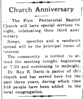 Newspaper article of 3 year church anniversary.