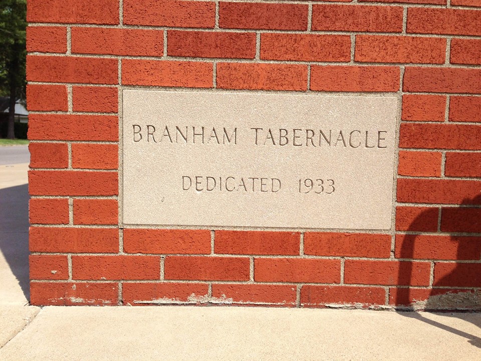 Marker on the Branham Tabernacle indicating it was dedicated in 1933